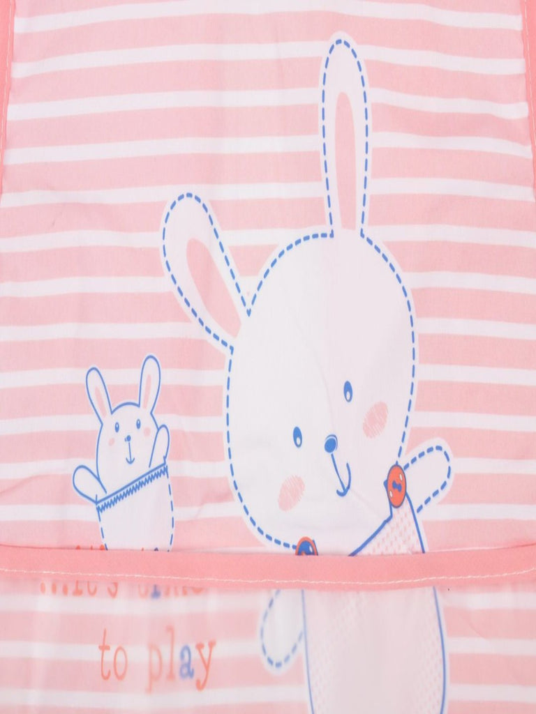 Close up of the Yellow Bee Bunny Bib with Crumb Collector, featuring a cute bunny design.