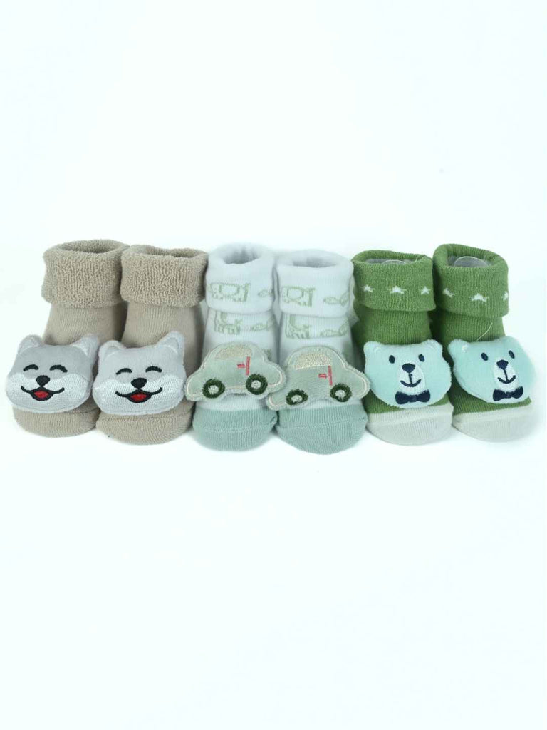 Cuddly Trio Baby Bootie Set – Car, Bear & Kitty Soft Knit Socks with Character Appliqués-Full View