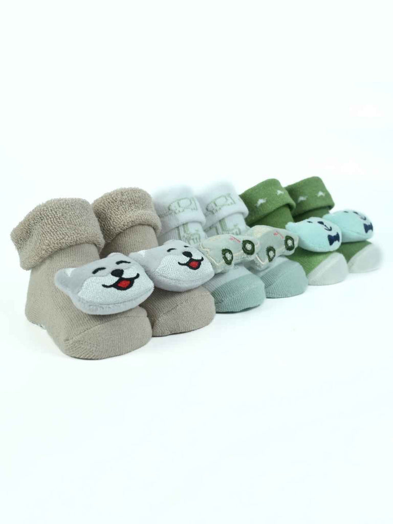 Cuddly Trio Baby Bootie Set – Car, Bear & Kitty Soft Knit Socks with Character Appliqués-Angle View