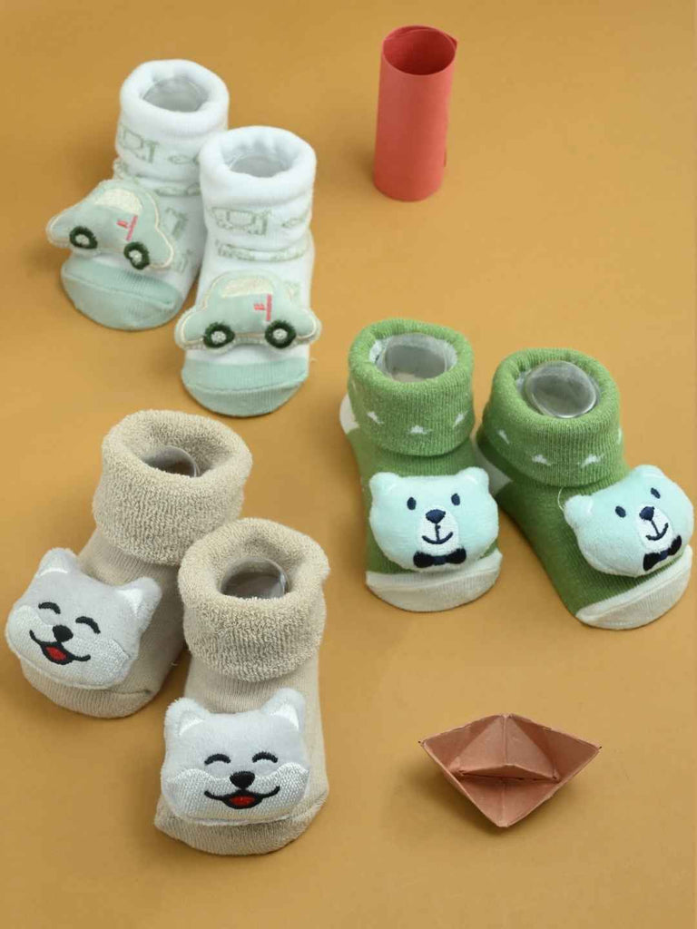 Cuddly Trio Baby Bootie Set – Car, Bear & Kitty Soft Knit Socks with Character Appliqués- Creative view