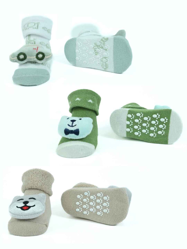 Cuddly Trio Baby Bootie Set – Car, Bear & Kitty Soft Knit Socks with Character Appliqués-Front & Back view