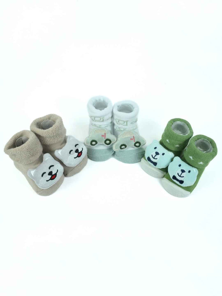 Cuddly Trio Baby Bootie Set – Car, Bear & Kitty Soft Knit Socks with Character Appliqués-Full Front view