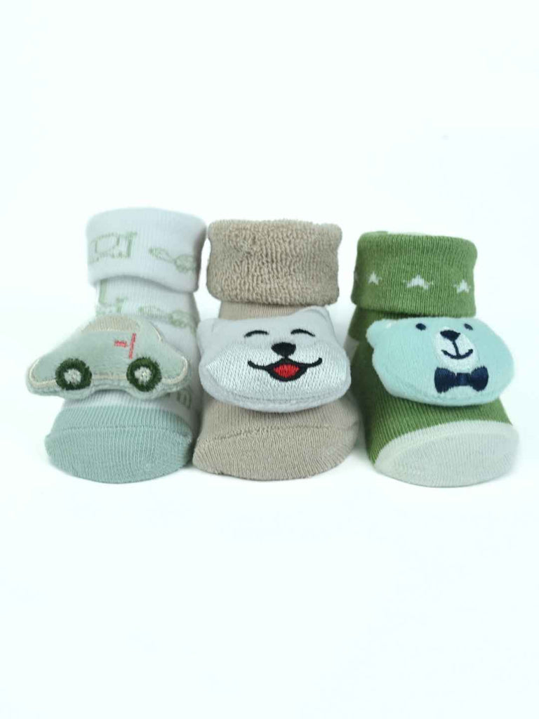 Cuddly Trio Baby Bootie Set – Car, Bear & Kitty Soft Knit Socks with Character Appliqués-Front View