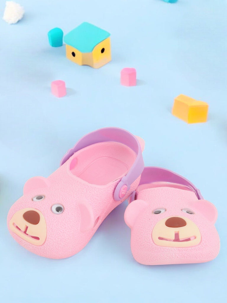 Yellow Bee 3D Bear Face Design Clogs for Girls in Pink - creative View