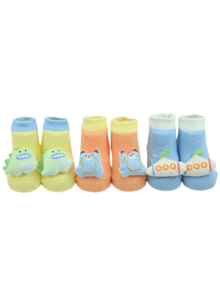 Cute Dino, Bear & Submarine Character Baby Ankle Socks with 3D Designs for Boys - Multi - Front View