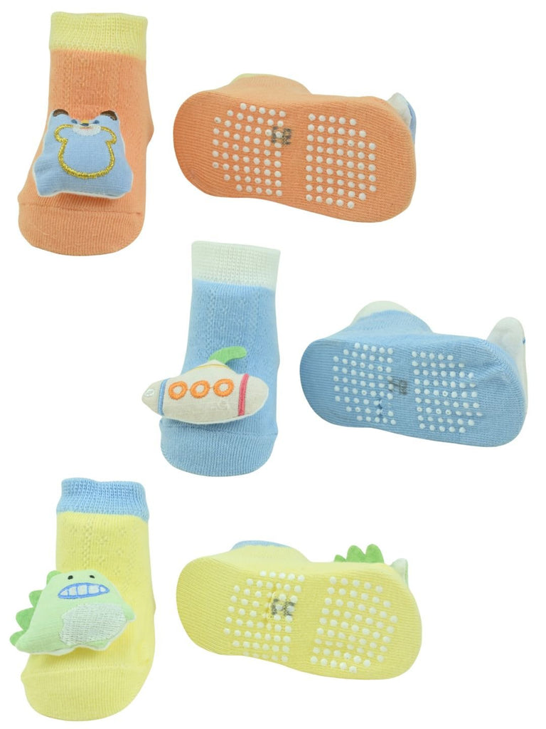 Cute Dino, Bear & Submarine Character Baby Ankle Socks with 3D Designs for Boys - Multi - Front & Back View