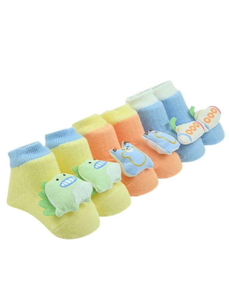 Cute Dino, Bear & Submarine Character Baby Ankle Socks with 3D Designs for Boys - Multi - Angle View
