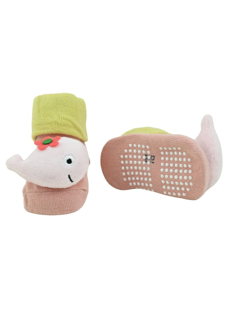 Cute Whale Design Baby Doll Head Socks with Flower Accent for Girls - Pink - Front & Back View