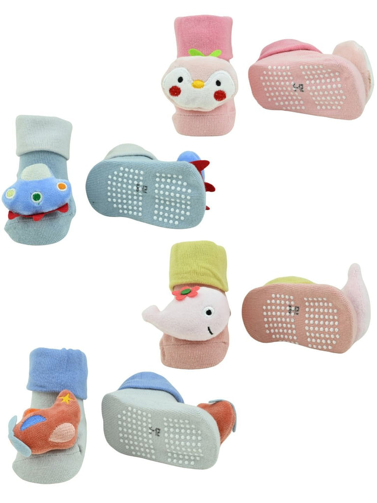 Cute Baby Doll Head Socks Combo – Whale, Penguin, Airplane & UFO Designs for Boys And Girls - Multi - Front & Back View