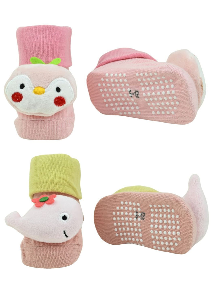 Cute Whale & Penguin Face Baby Doll Head Socks Combo for Girls - Pink - Front & Back View