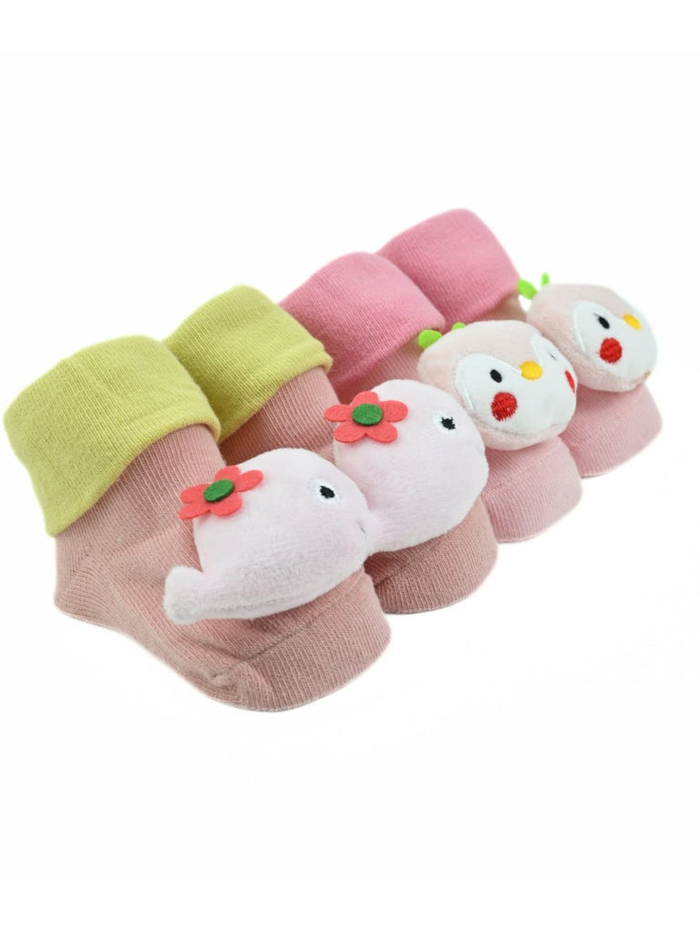 Cute Whale & Penguin Face Baby Doll Head Socks Combo for Girls - Pink - Angle View