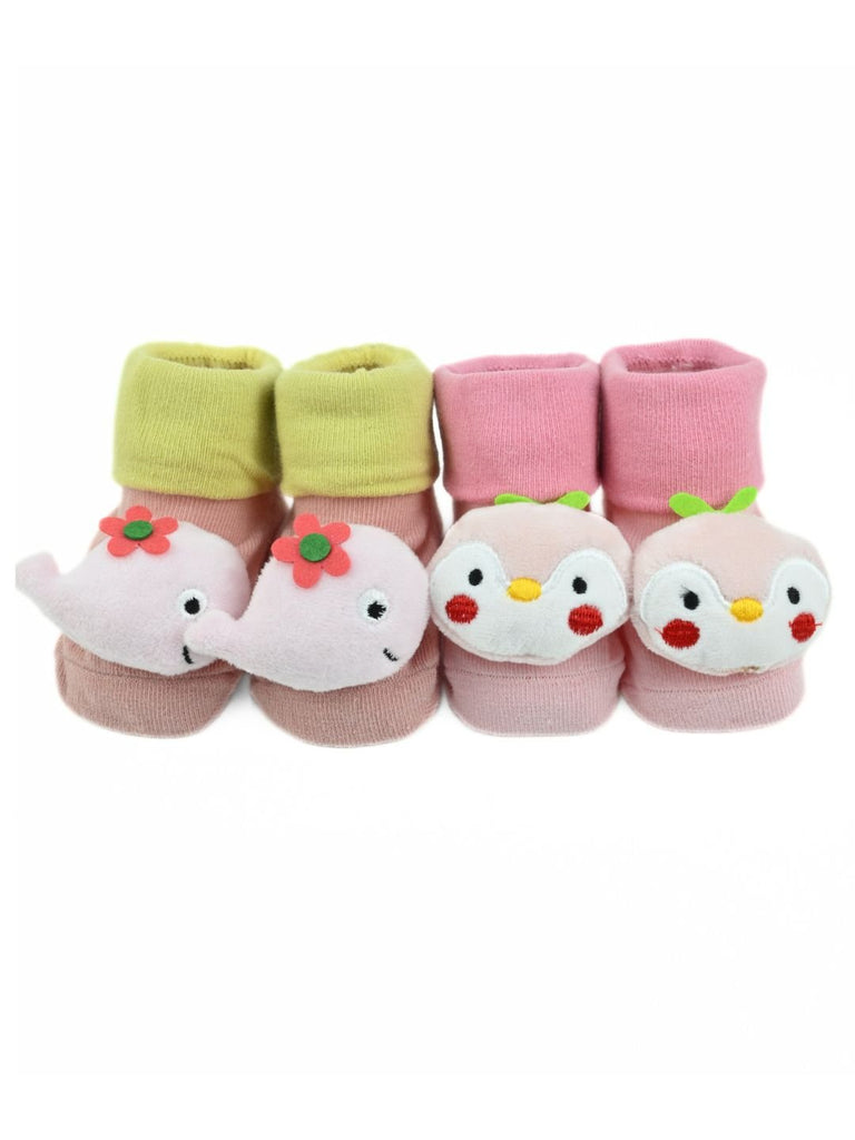Cute Whale & Penguin Face Baby Doll Head Socks Combo for Girls - Pink - Front View