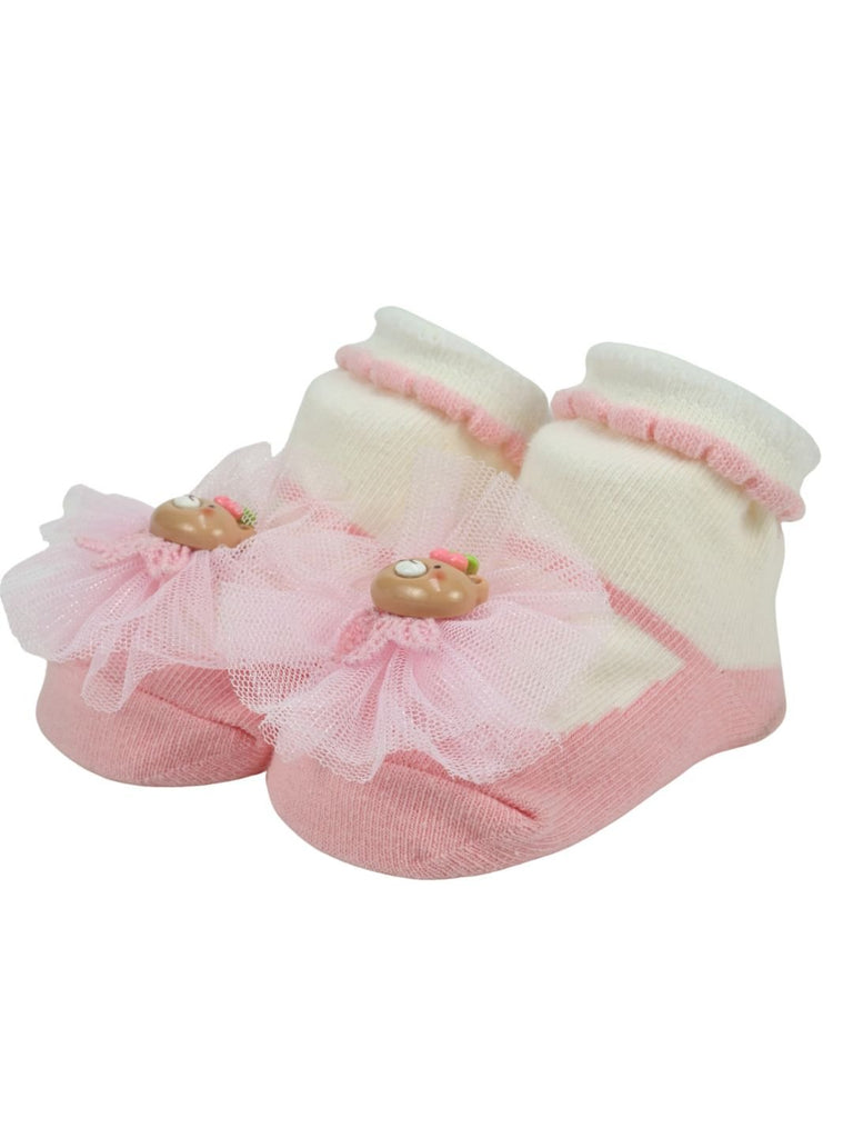 Cute Baby Cotton Socks with Bear & Tulle Bow for Girls - Pink - Angle View