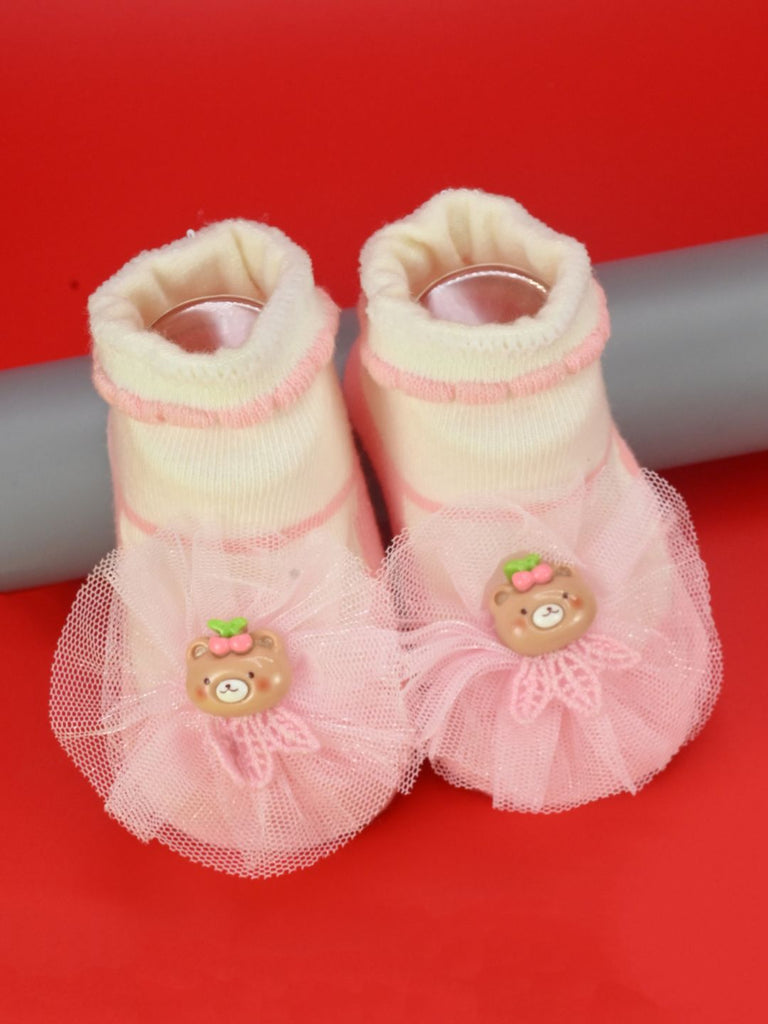 Cute Baby Cotton Socks with Bear & Tulle Bow for Girls - Pink - Creative View