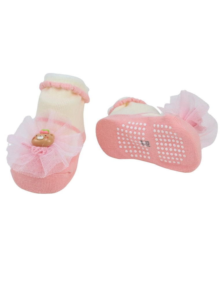 Cute Baby Cotton Socks with Bear & Tulle Bow for Girls - Pink - Front & Back View