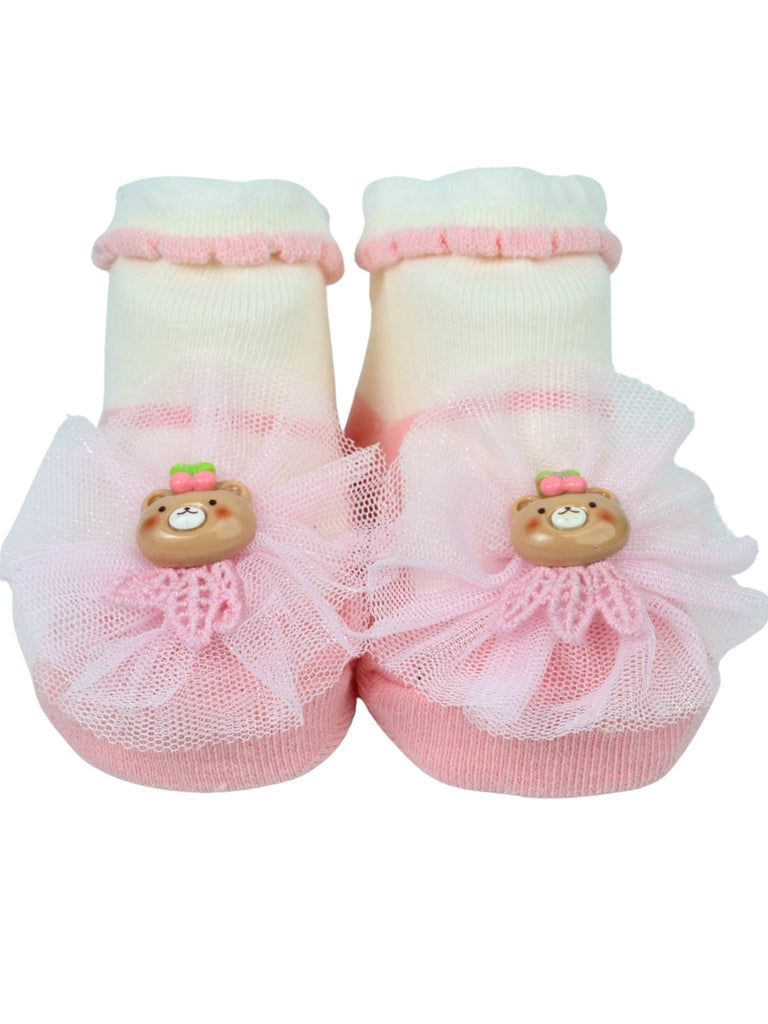 Cute Baby Cotton Socks with Bear & Tulle Bow for Girls - Pink - Front View