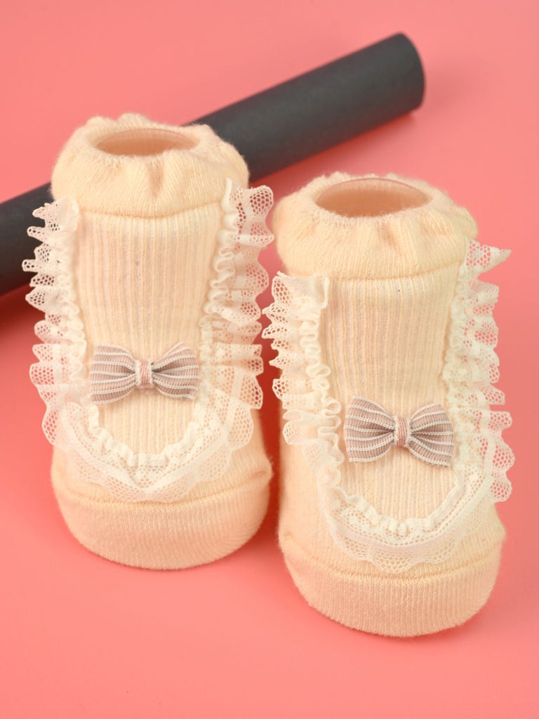 Cute Baby Socks with Lace Trim & Bow Applique for Girls - Pink - Creative View