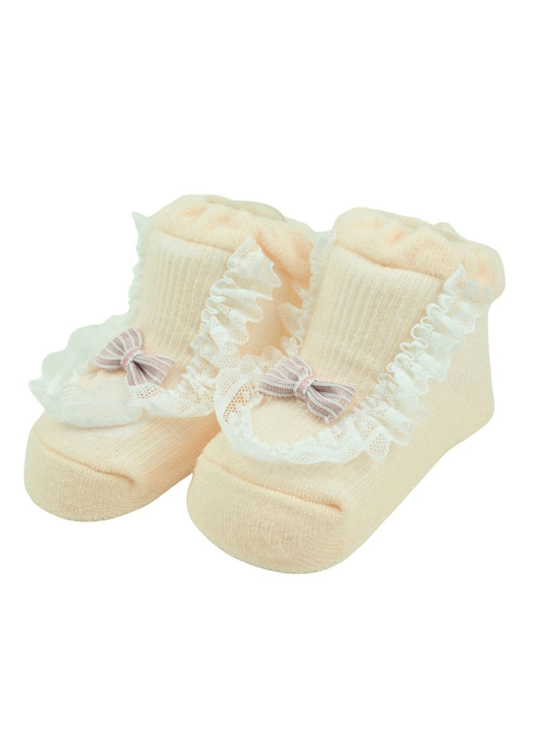 Cute Baby Socks with Lace Trim & Bow Applique for Girls - Pink - Creative View - Angle View