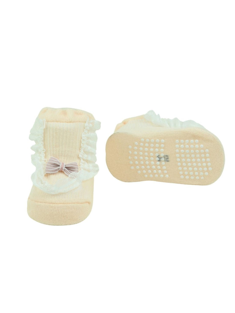 Cute Baby Socks with Lace Trim & Bow Applique for Girls - Pink - Creative View - Front & Back View