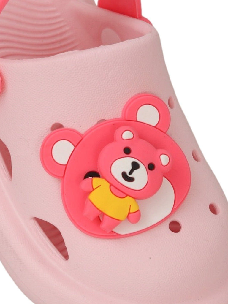 Close-up of the bear character on the Cute Bear Pink Clogs for Girls