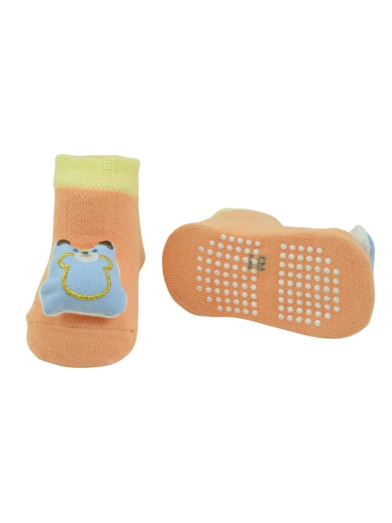Cute Bear Design Baby Doll Head Ankle Socks for Boys - Orange - Front & Back View