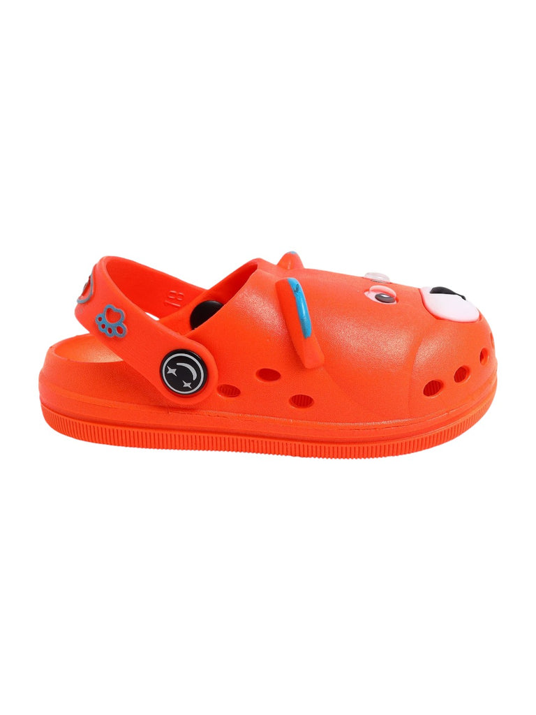 Side view of orange children's clogs with bear character, showing the sturdy sole and ventilation holes.-b