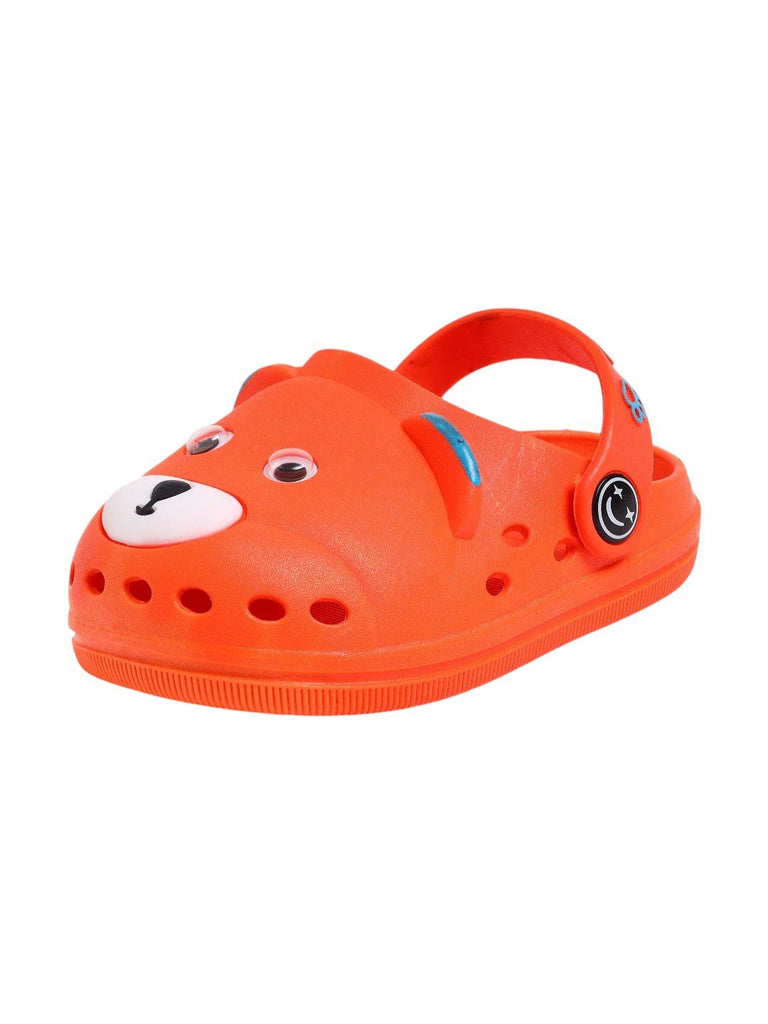 Side view of orange children's clogs with bear character, showing the sturdy sole and ventilation holes.