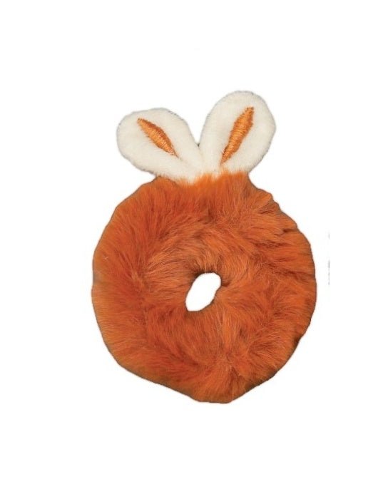 A top view of Brown Yellow Bee's bunny ear fur scrunchies, capturing the soft fur texture and muted colors, a sweet hair accessory for any young girl's collection.