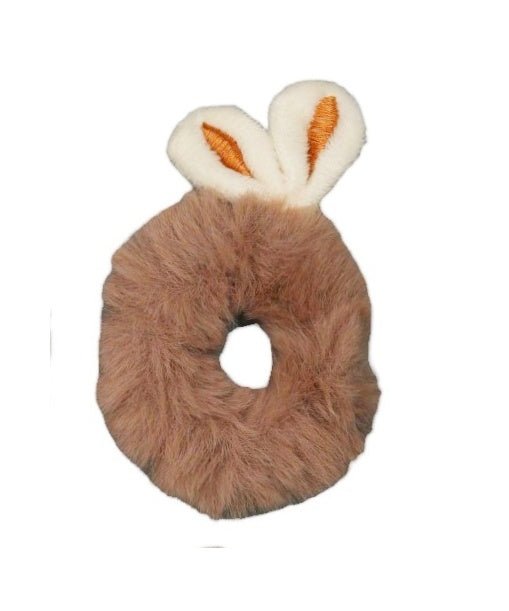 A top view of Beige Yellow Bee's bunny ear fur scrunchies for Girls.