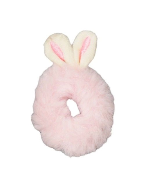 A top view of Pink Yellow Bee's bunny ear fur scrunchies, capturing the soft fur texture and muted colors for girls.