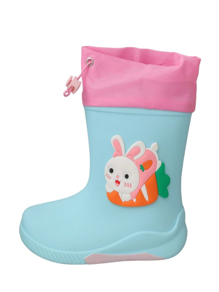 Side view of the Cute Bunny Themed Blue Rain Boots, showcasing the pink and blue color scheme.