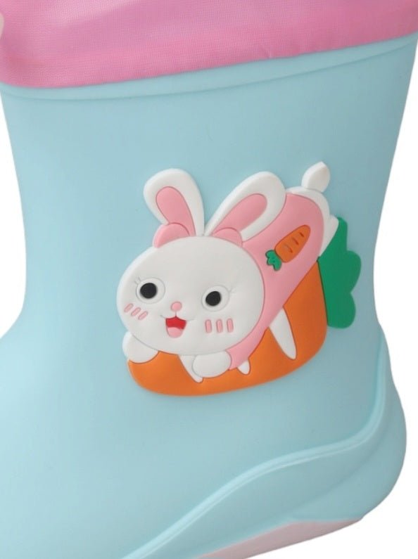  Close-up of the bunny design on the Cute Bunny Themed Blue Rain Boots.