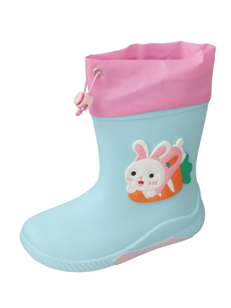 Angle view of Yellow Bee's Cute Bunny Themed Blue Rain Boots for Girls.