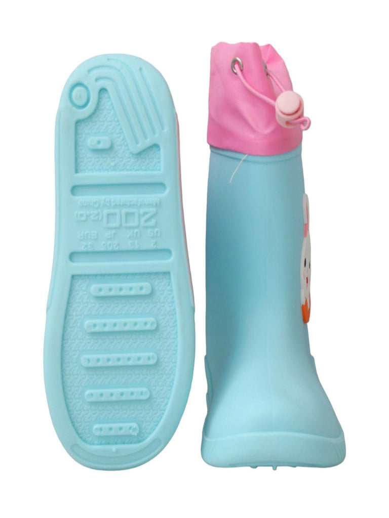 Front and back view of the Cute Bunny Themed Blue Rain Boots for Girls, emphasizing both design and functionality.