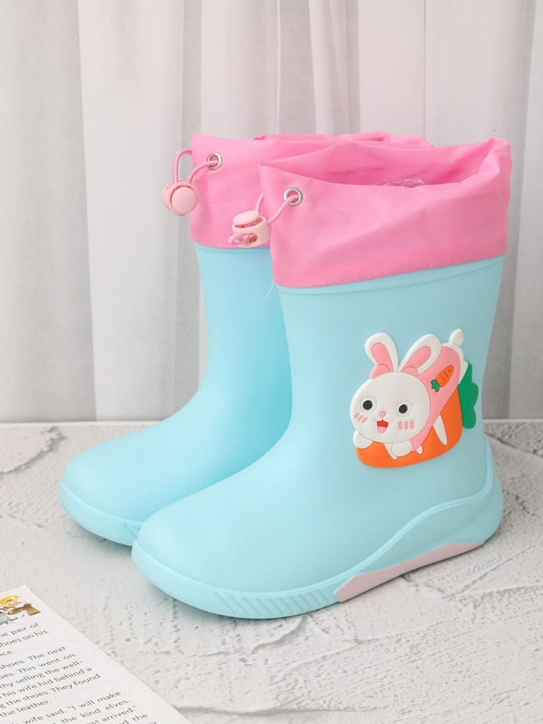 Creativity display of Yellow Bee's Cute Bunny Blue Rain Boots showing playful and functional design.