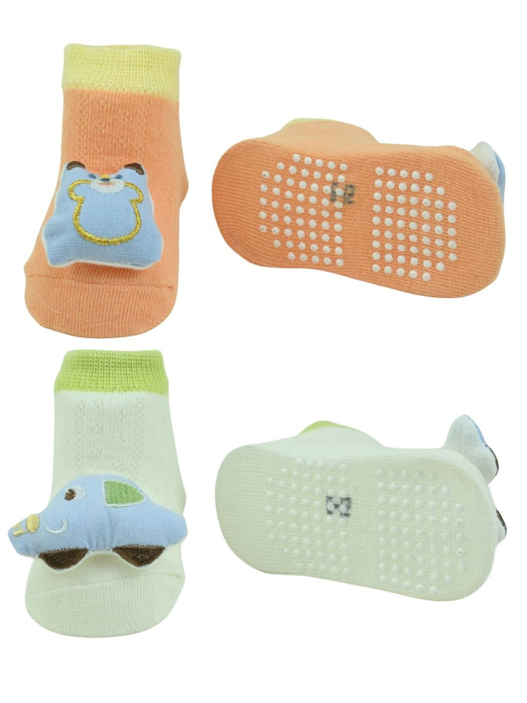 Cute Car & Bear Character 3D Doll Head Ankle Socks for  Boys - Multi - Front & Back View