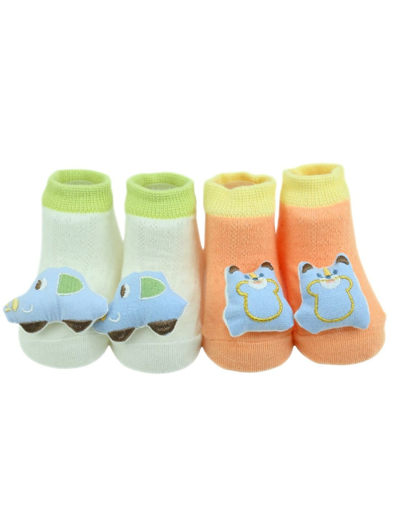 Cute Car & Bear Character 3D Doll Head Ankle Socks for  Boys - Multi - Front View