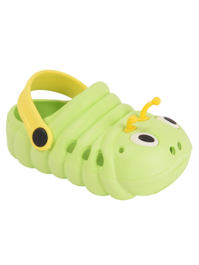 angle view of Yellow Bee Cute Caterpillar Design Clogs for Girls in green.