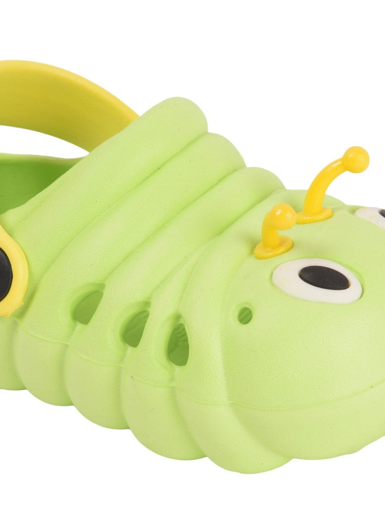 zoom view of Yellow Bee Cute Caterpillar Design Clogs for Girls in green.