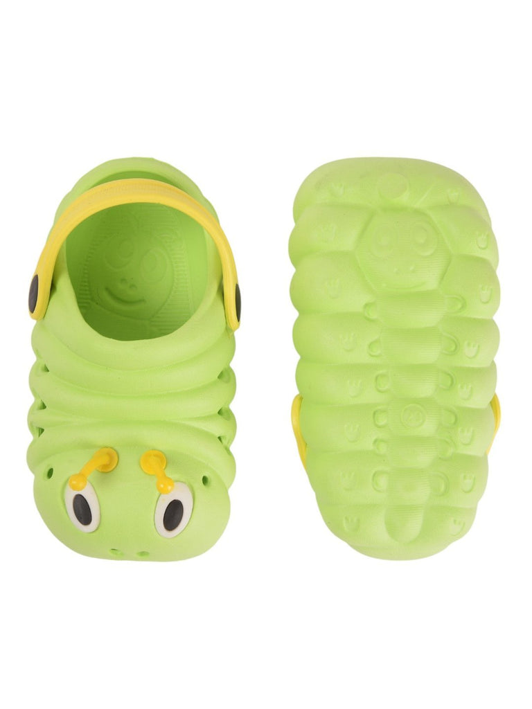 front and back view of Yellow Bee Cute Caterpillar Design Clogs for Girls in green.