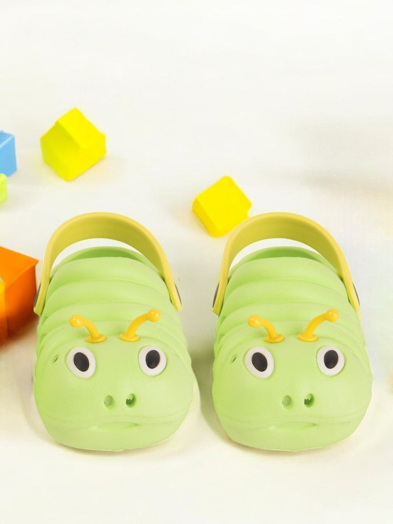 Creative shot of Yellow Bee Cute Caterpillar Design Clogs for Girls in green, perfect for everyday adventures.