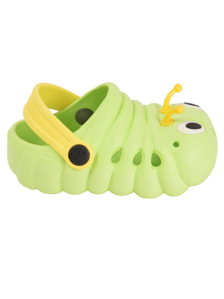 side view of Yellow Bee Cute Caterpillar Design Clogs for Girls in green.