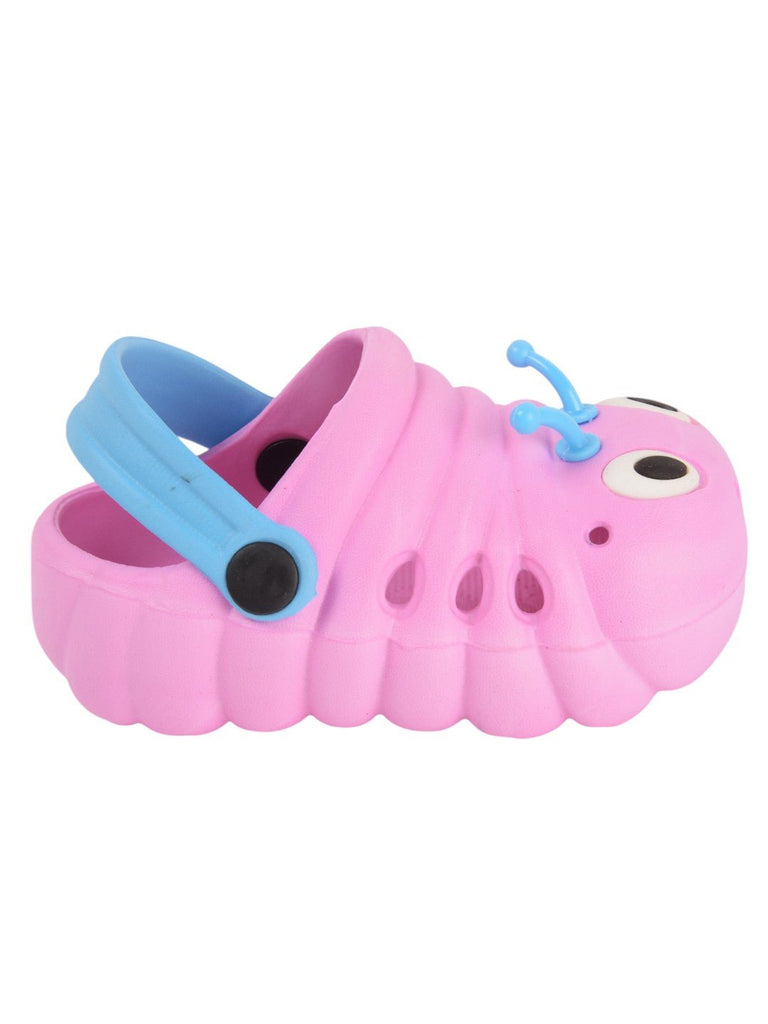 Side view of Yellow Bee Cute Caterpillar Design Clogs for Girls in purple.