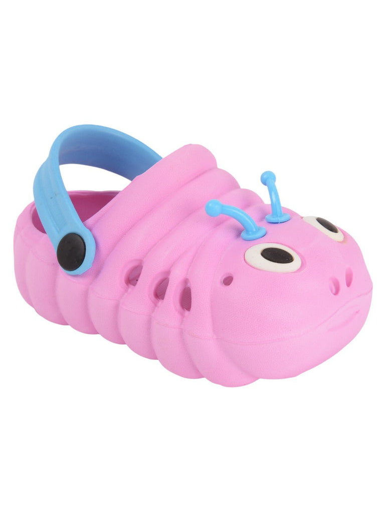 Side angle view of Yellow Bee Cute Caterpillar Design Clogs for Girls in Purple.