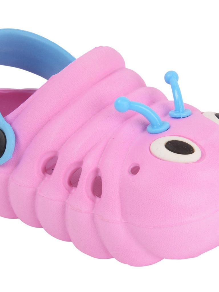 zoom angle view of Yellow Bee Cute Caterpillar Design Clogs for Girls in purple.