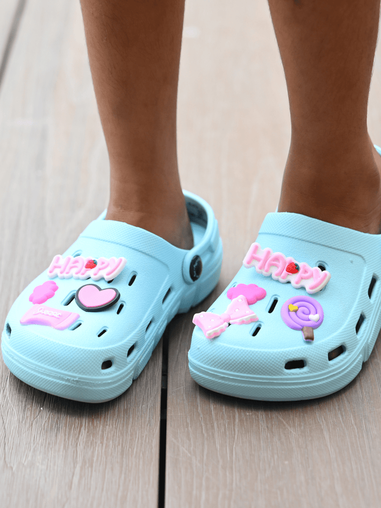 Cute Charm Details Girl's Clogs with Candy, Hearts, and Happy Vibes- Blue-Model View
