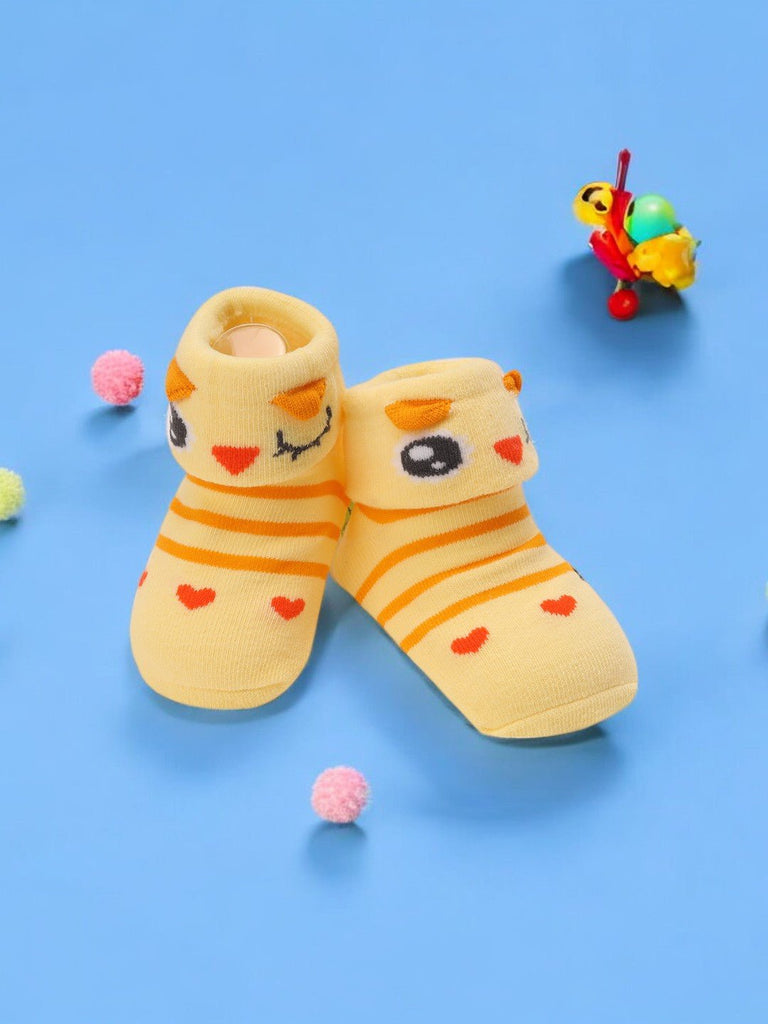 Creative view of Cute Chick Baby Socks with Heart Accents – Soft and Playful Design by Yellow Bee