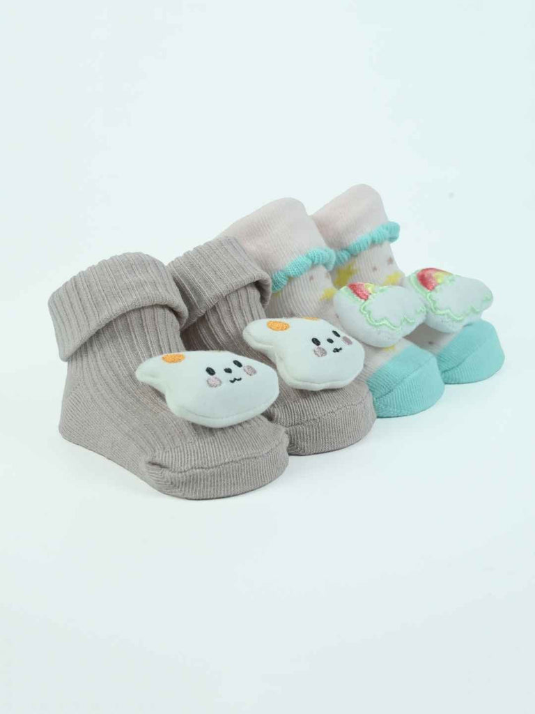 Cute Comforts Baby Socks Duo – Pastel Knit Booties with 3D Bunny and Rainbow Accents-Angle View