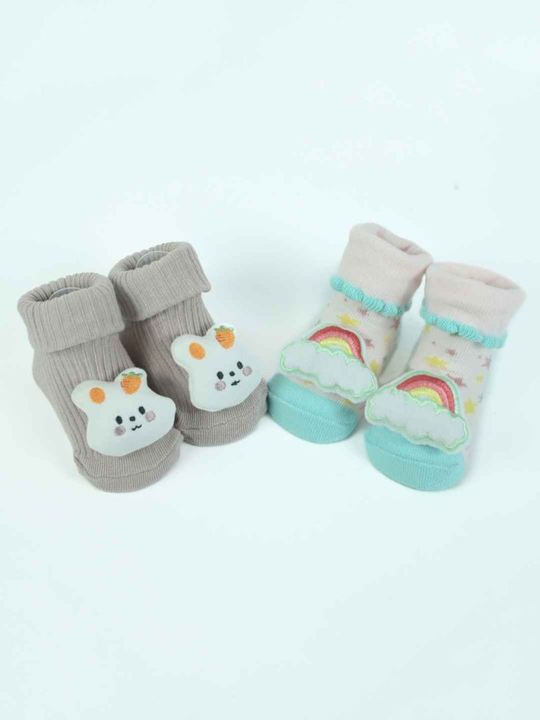Cute Comforts Baby Socks Duo – Pastel Knit Booties with 3D Bunny and Rainbow Accents-Full Front View