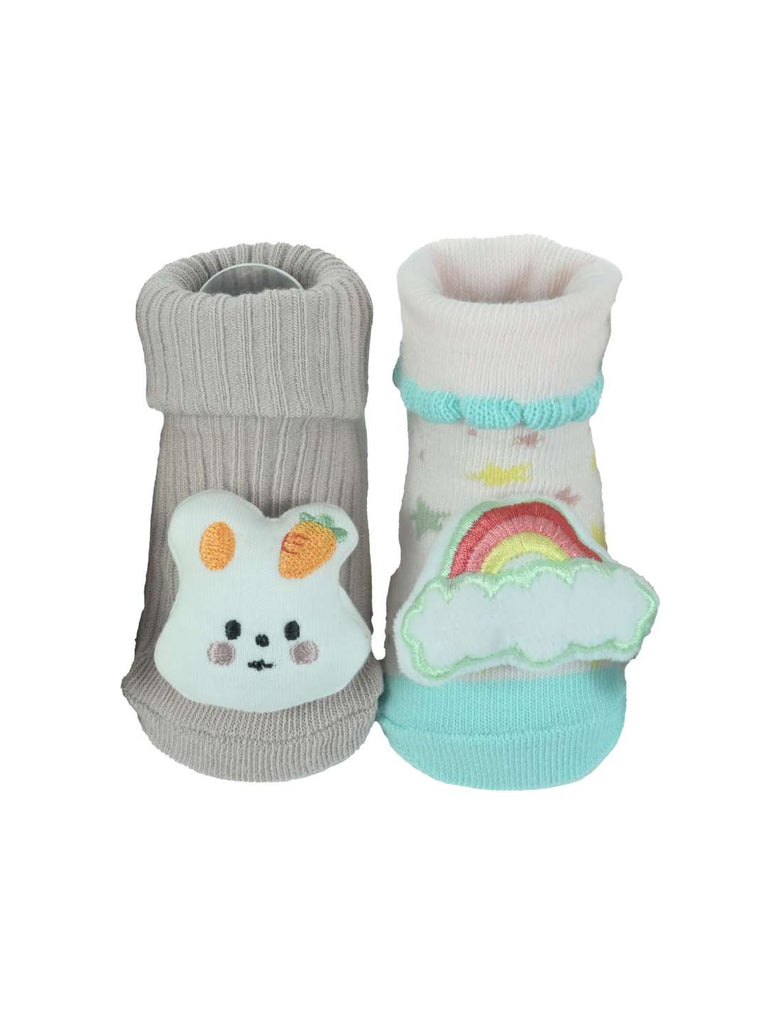 Cute Comforts Baby Socks Duo – Pastel Knit Booties with 3D Bunny and Rainbow Accents-Front view
